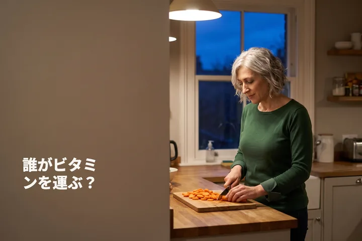 誰がビタミンを運ぶ? — 夜のランプの下、女性がキッチンカウンターでにんじんを切っている