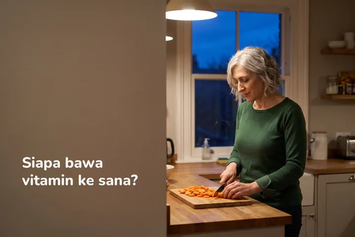 Siapa bawa vitamin ke sana? — seorang wanita menghiris lobak merah di kaunter dapurnya di bawah lampu petang