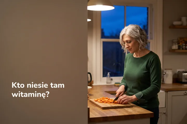 Kto niesie tam witaminę? — kobieta kroi marchew na kuchennym blacie pod wieczorną lampą