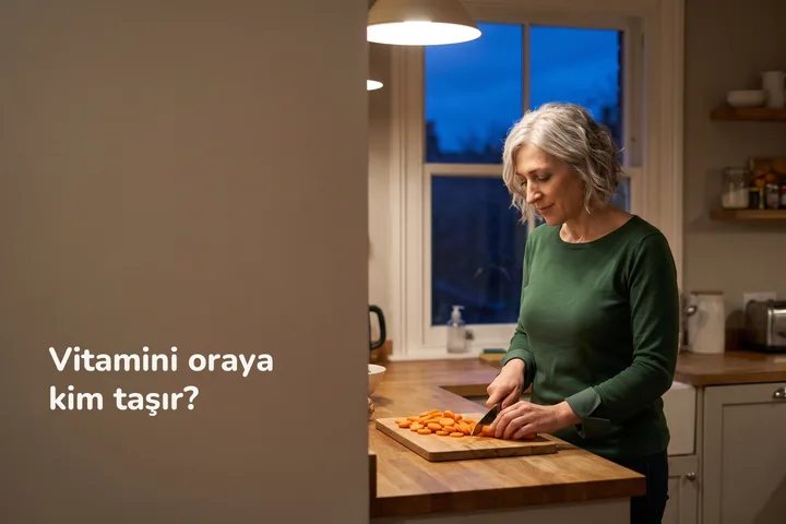 Vitamini oraya kim taşır? — bir kadın akşam lambası altında mutfak tezgâhında havuç doğruyor