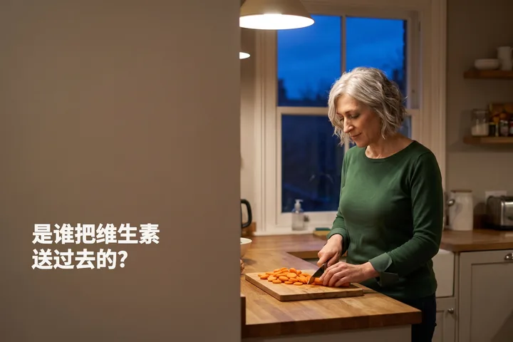 是谁把维生素送过去的？ — 一位女性在傍晚的灯下于厨房台面上切胡萝卜