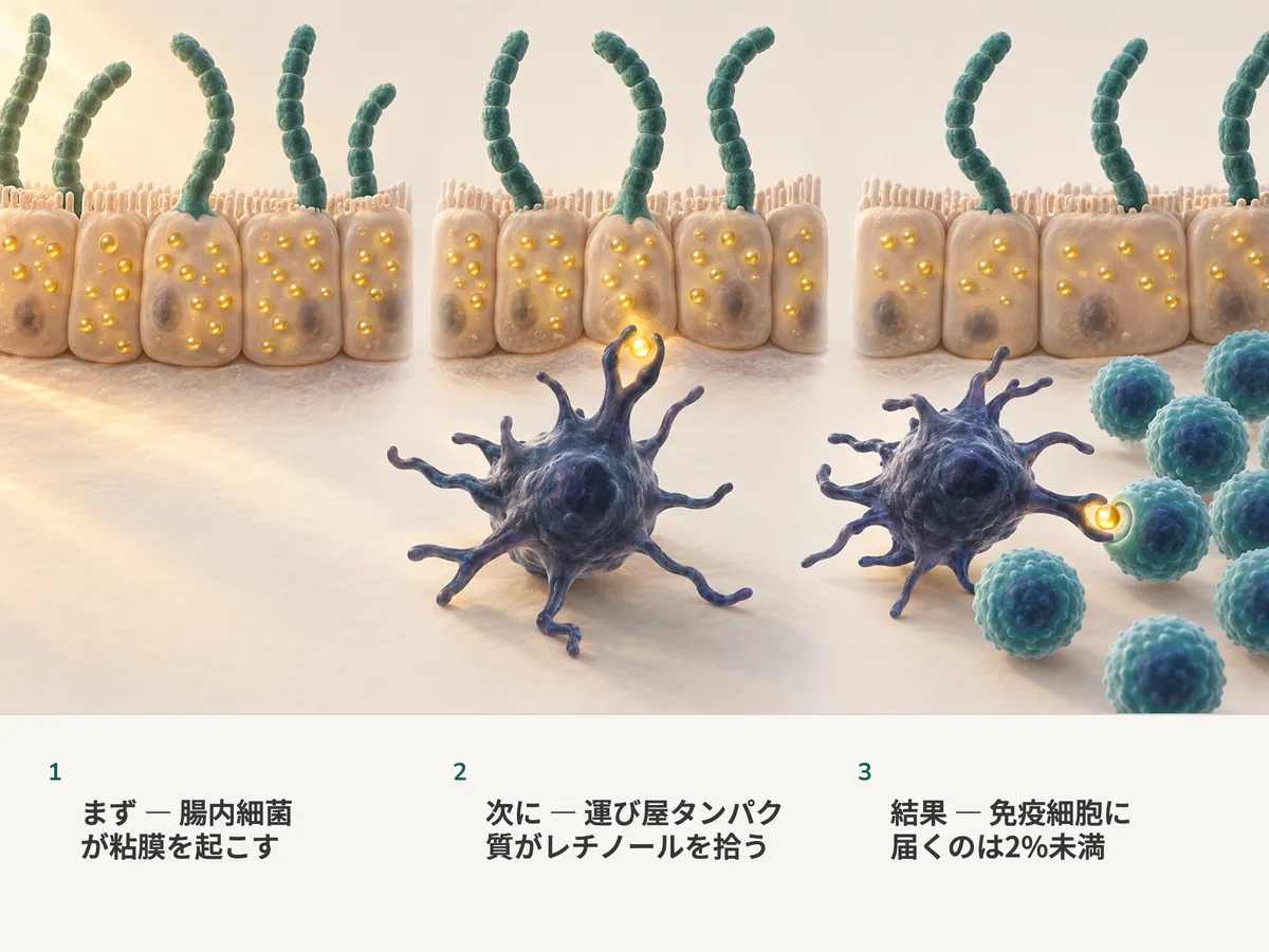 イラスト：腸の粘膜に根を下ろした節のある細菌。その粘膜の細胞は金色のビタミンAの滴を抱えており、滴の一つが枝分かれした免疫細胞へ、さらにT細胞へと渡っていく