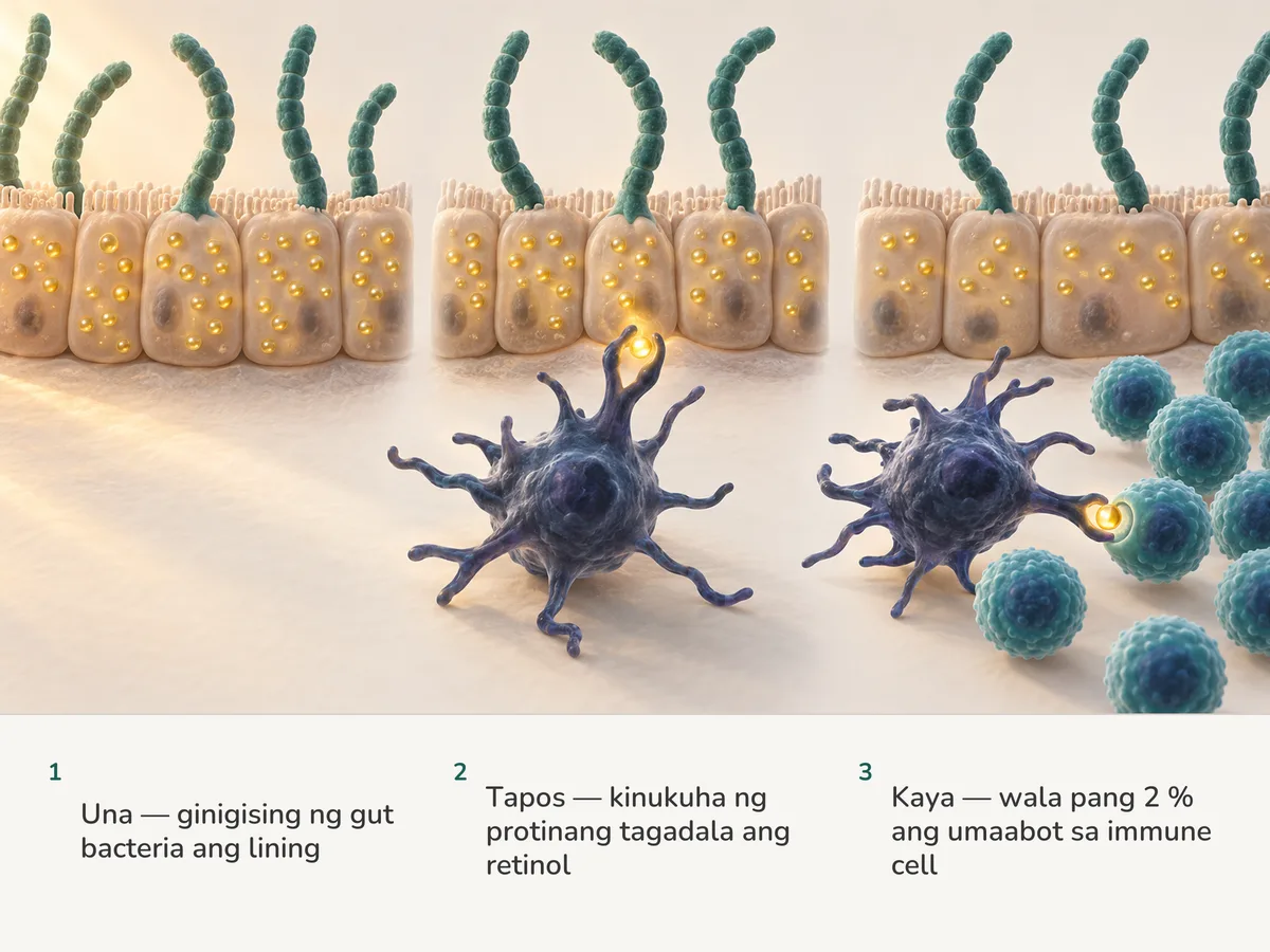 Ilustrasyon: mga bacteria na hati-hati sa segment na nakaugat sa lining ng bituka, na ang mga selula ay may hawak na gintong patak ng vitamin A; isang patak ang naipapasa sa isang sanga-sangang immune cell at saka sa mga T cell
