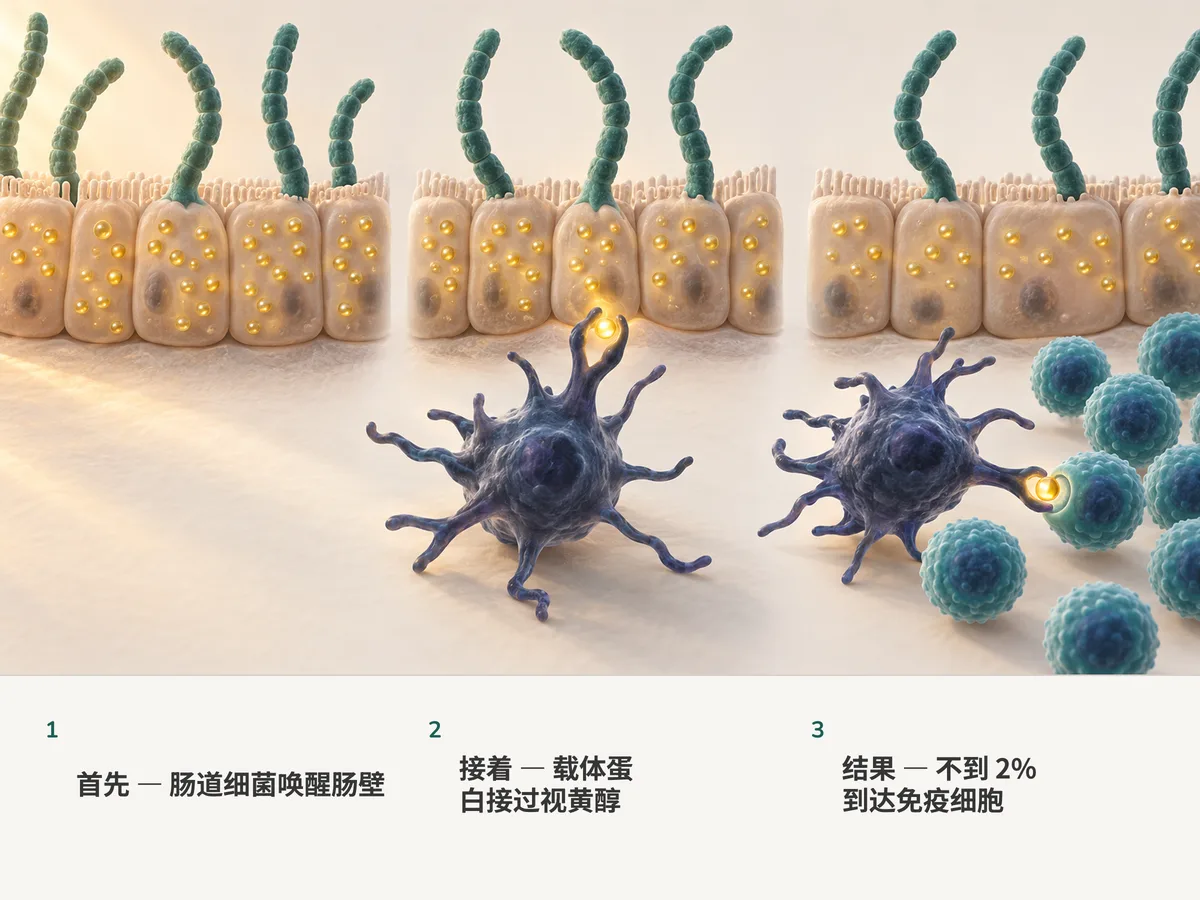 插画：分节的细菌扎根在肠壁上，肠壁细胞里含着金色的维生素 A 液滴；一滴被交给一个分枝的免疫细胞，再往下交给 T 细胞