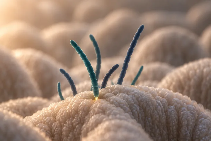 Illustration: segmented bacterial threads rooted by their tips in a soft fold of the gut lining, a small gold glint where one enters