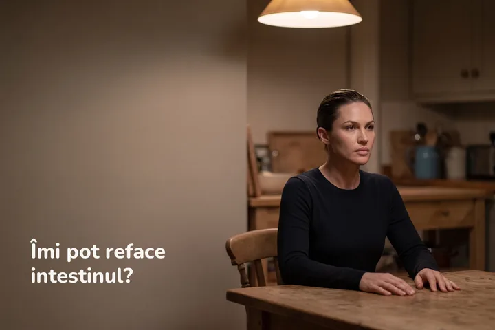 Îmi pot reface intestinul? — o femeie la masa din bucătărie, seara târziu, după ce a terminat tratamentul