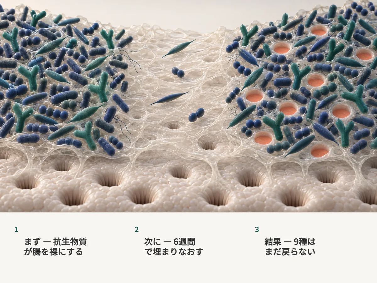 イラスト:腸内細菌の群れの三つの場面。ひしめく状態、抗生物質でほぼ裸にされた状態、そして九か所を空けたまま再びひしめく状態