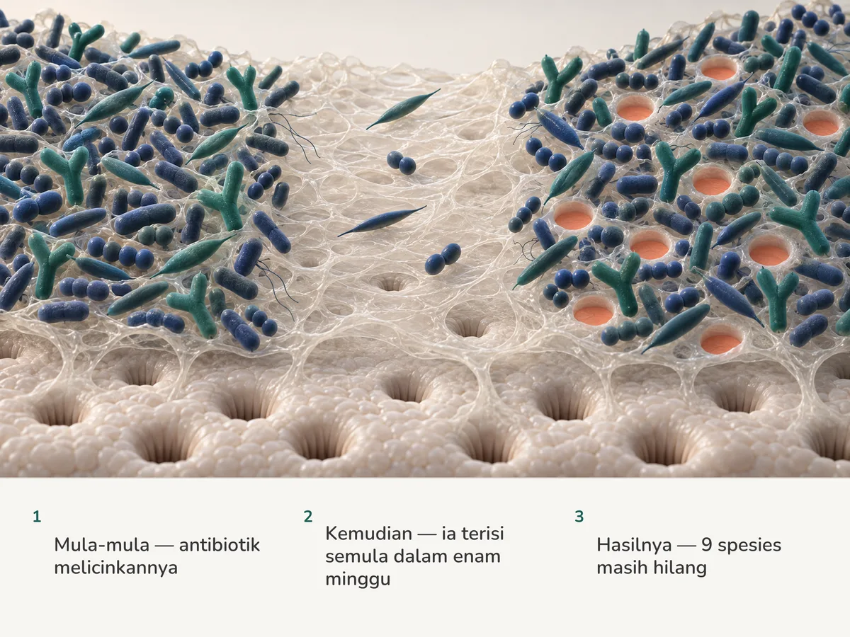 Ilustrasi: komuniti bakteria usus dalam tiga saat: padat, hampir licin disapu antibiotik, kemudian padat semula dengan sembilan tempat masih kosong