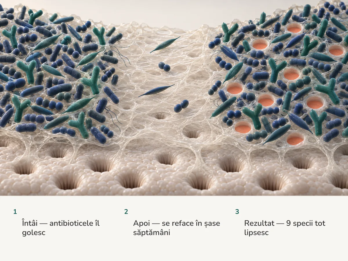 Ilustrație: comunitatea bacteriană a intestinului în trei momente: aglomerată, lăsată aproape goală de antibiotice, apoi din nou aglomerată, cu nouă locuri rămase libere