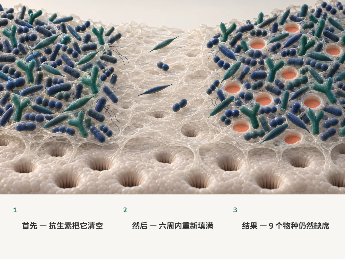 插图：肠道菌群的三个时刻：拥挤，被抗生素几乎清空，然后再次拥挤，只是留下九个空位