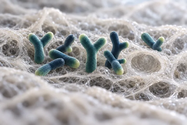 Illustration: forked Bifidobacterium cells regrowing in loose gut mucus beside an empty hollow where cells once stood