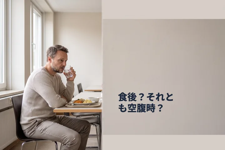食後?それとも空腹時? — 昼どき、男性が食堂のテーブルで昼食に向かっている