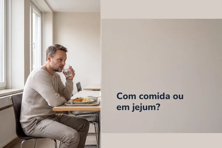 Com comida ou em jejum? — um homem diante do almoço na mesa de um refeitório no meio do dia
