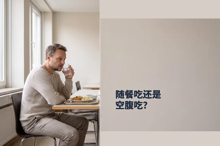随餐吃还是空腹吃? — 正午时分,一位男性在食堂的餐桌前吃午饭