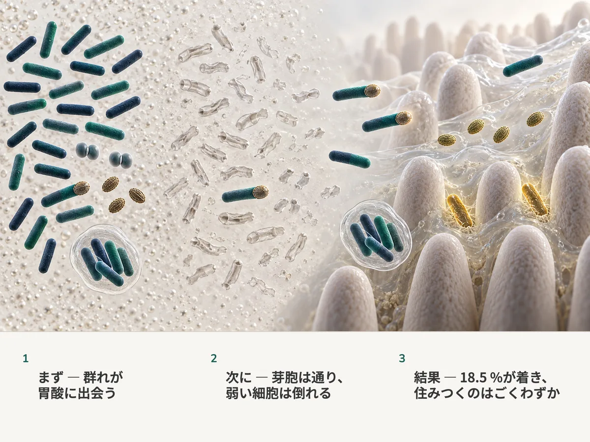 イラスト:飲み込まれた細菌が胃酸を渡る。裸の桿菌の多くは崩れ、芽胞と殻に包まれた塊は無傷で通り、腸粘膜では二個が粘液に住みつき、ほかは通り過ぎる