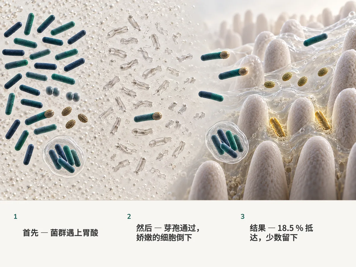 插图:吞下的细菌穿过胃酸;多数裸露的杆菌塌掉,芽孢和带壳的菌团完好通过,到了肠黏膜,两个幸存者在黏液里安家,其余的擦身而过