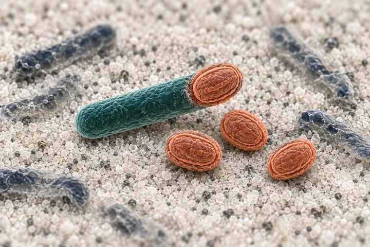 Illustration: a rod carrying an armoured spore and three free spores lie whole in acid, while delicate rods around them collapse