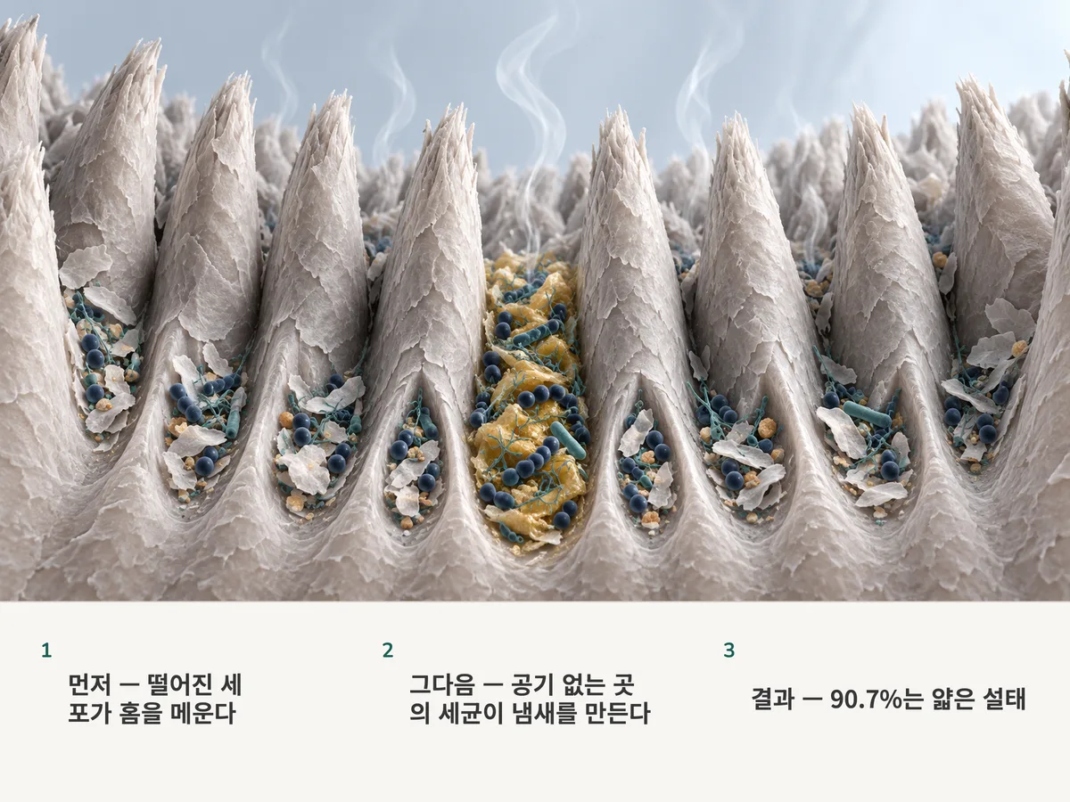 일러스트: 줄지어 선 혀 유두와 그 사이 골짜기마다 쌓인 세포 조각과 세균. 아홉 골짜기는 얇고 한 골짜기는 두꺼우며, 옅은 가스가 피어오른다