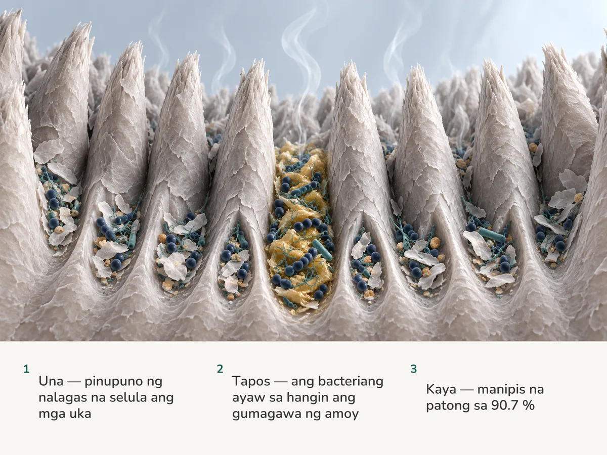 Ilustrasyon: hanay ng papillae ng dila na may nalagas na piraso at bacteria sa mga lambak sa pagitan nila, manipis sa siyam na lambak at mas makapal sa isa, may bahagyang gas na umaangat