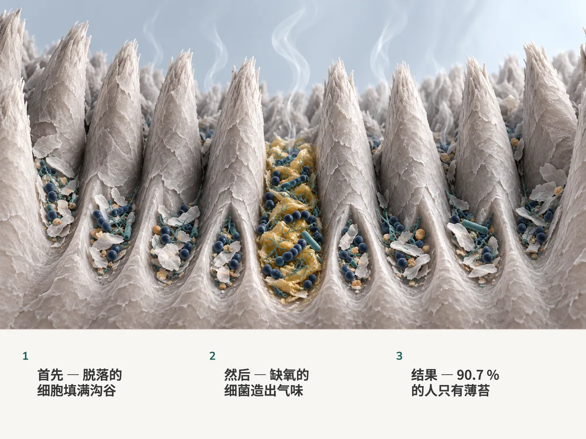 插图：一排舌乳头，之间的沟谷里积着脱落的碎屑和细菌，九条沟谷里很薄，一条里更厚，淡淡的气体升起