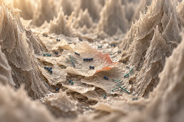 Illustration: flakes of shed surface cells with tiny chains of bacteria, settled in a narrow valley between tongue papillae