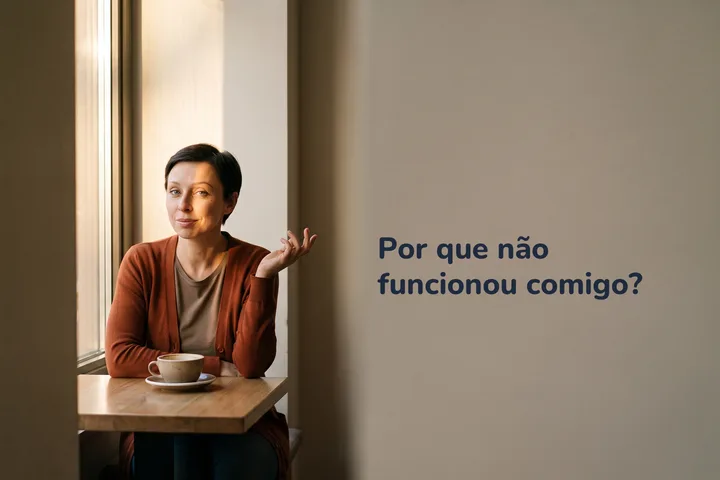 Por que não funcionou comigo? — uma mulher à mesa de um café à tarde, uma segunda xícara à sua frente