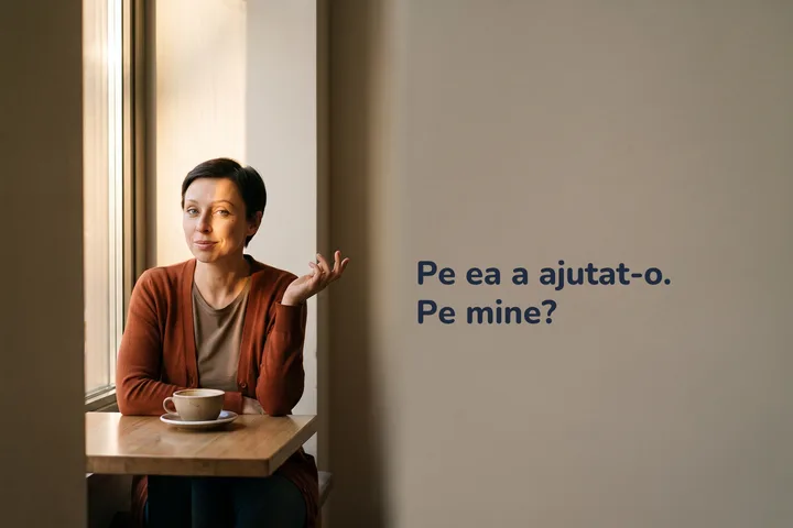 Pe ea a ajutat-o. Pe mine? — o femeie la o masă de cafenea, după-amiaza, cu o a doua ceașcă în față