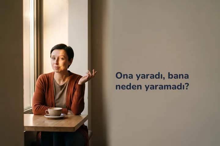 Ona yaradı, bana neden yaramadı? — bir kadın öğleden sonra kafe masasında, karşısında ikinci bir fincan