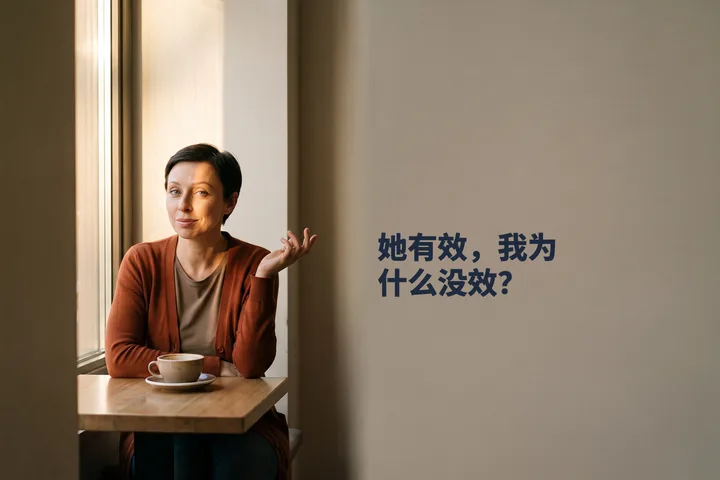 她有效,我为什么没效? — 下午,一位女性坐在咖啡馆的桌旁,对面还放着第二只杯子