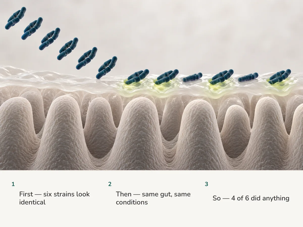 Illustration: six identical clusters of rod-shaped bacteria settle on the same gut mucus; under four the mucus visibly changes, under two it stays untouched