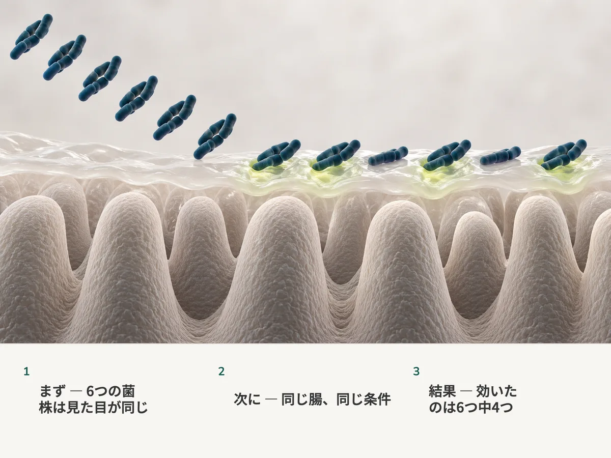 イラスト:同じ腸の粘液の上に、そっくり同じ桿菌の塊が六つ。四つの下では粘液が目に見えて変わり、二つの下では何も起こらない