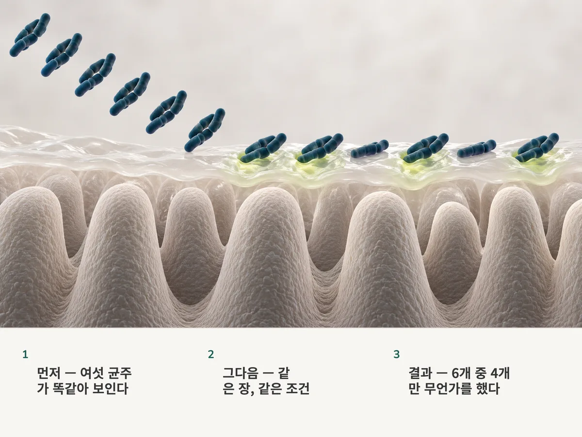 일러스트: 똑같이 생긴 막대균 덩어리 여섯이 같은 장 점액에 내려앉는다. 넷 아래에서는 점액이 눈에 띄게 달라지고, 둘 아래에서는 그대로다