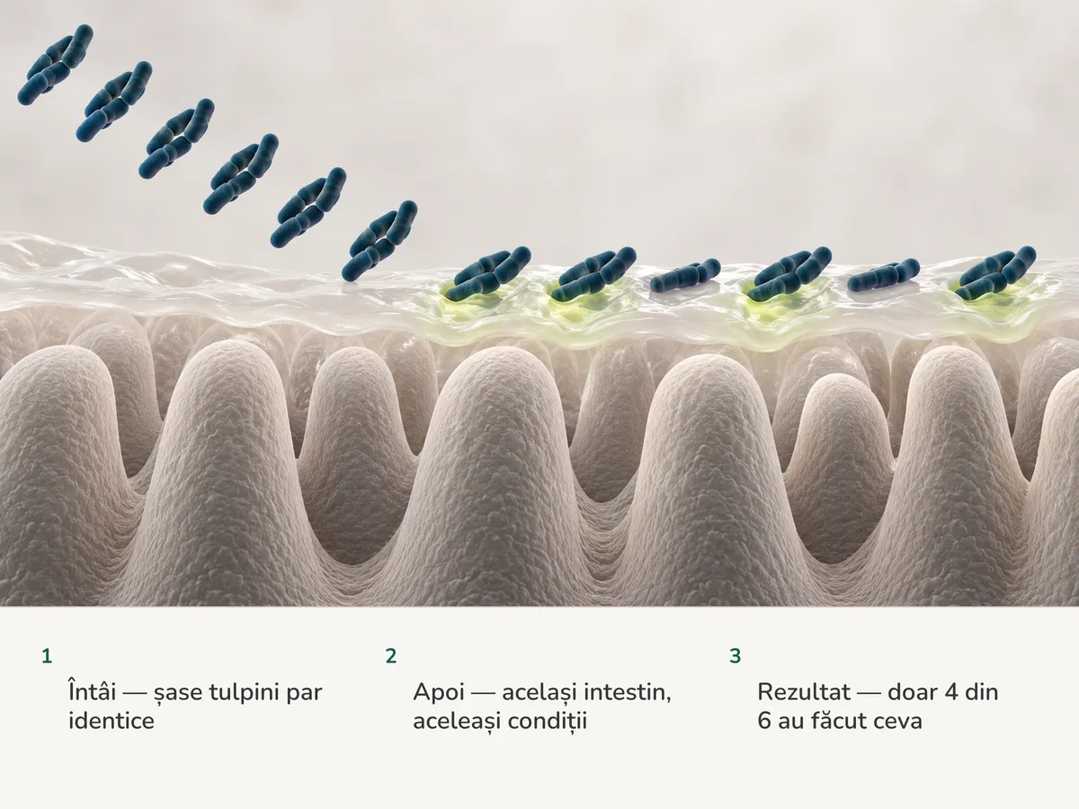 Ilustrație: șase grupuri identice de bacterii în formă de bastonaș se așază pe același mucus intestinal; sub patru dintre ele mucusul se schimbă vizibil, sub două rămâne neatins