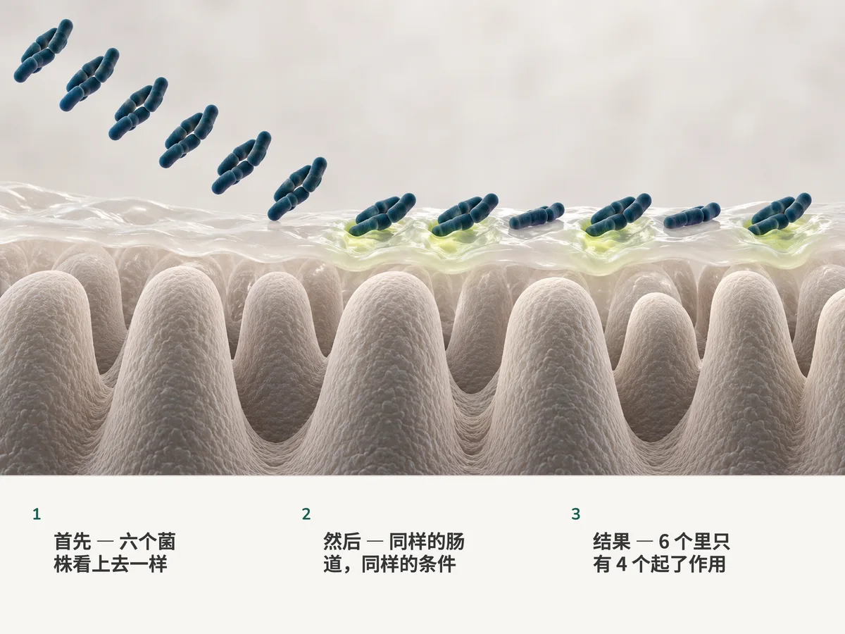 插图:六团一模一样的杆状细菌落在同一片肠道黏液上;其中四团下面黏液明显改变,另外两团下面纹丝不动