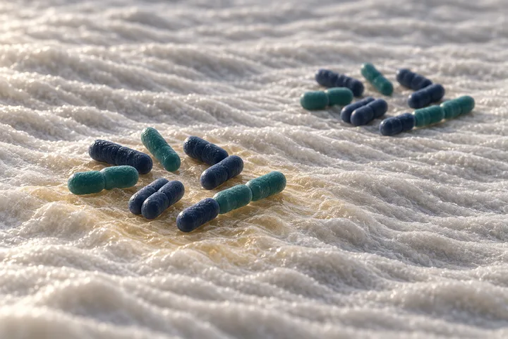 Illustration: two identical groups of rod-shaped bacteria on rippled gut mucus; the mucus shifts under one and not the other