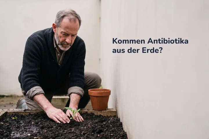 Kommen Antibiotika aus der Erde? — ein Mann über siebzig drückt feuchte Erde um einen Setzling in seinem Garten