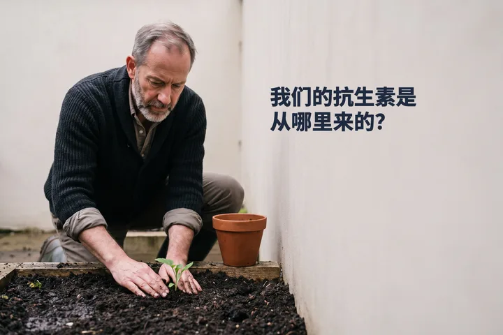 我们的抗生素是从哪里来的? — 一位七十多岁的老人在自家花园里把潮湿的泥土按实在幼苗周围