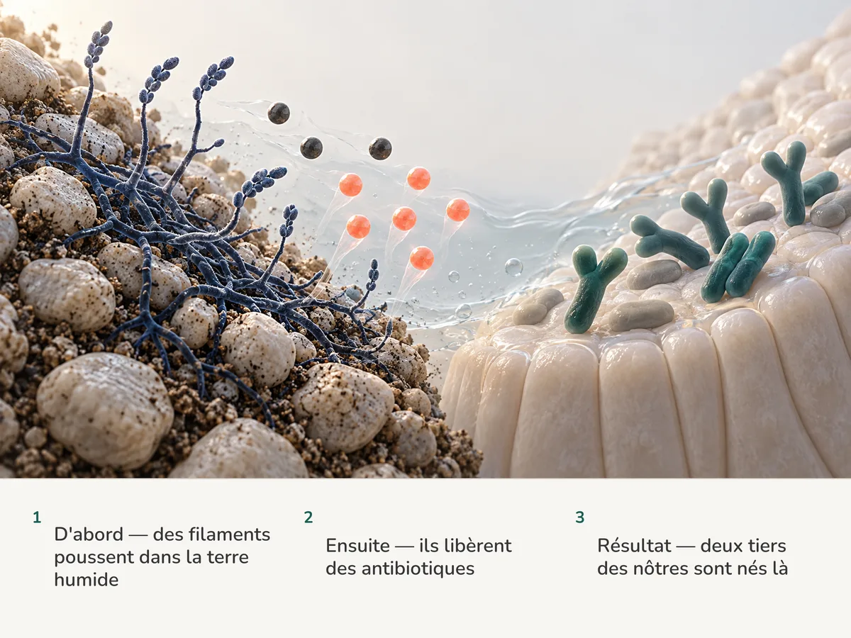 Illustration : des filaments ramifiés du sol libèrent des molécules d'antibiotiques, six sur neuf en corail, tandis qu'à travers l'image des bâtonnets fourchus de Bifidobacterium reposent sur une muqueuse intestinale