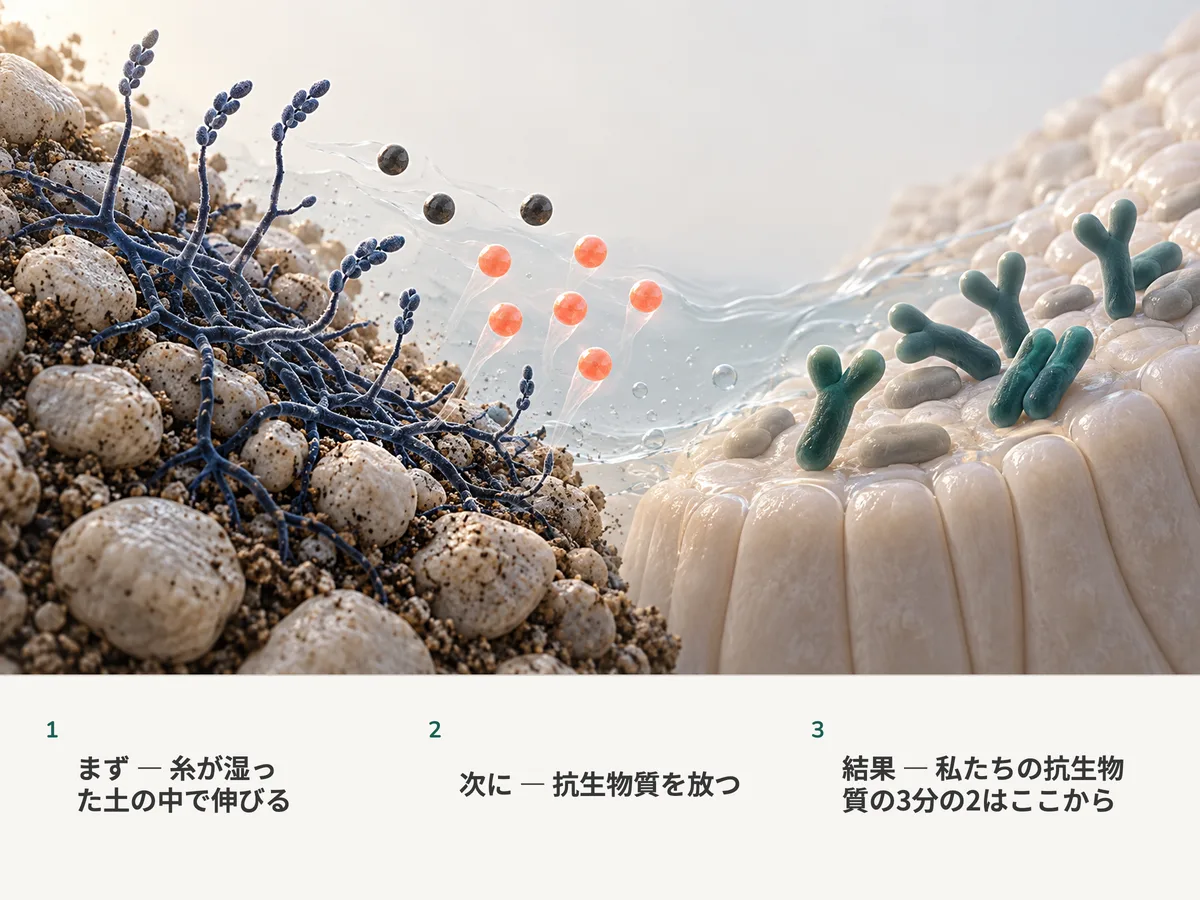 イラスト:枝分かれした土壌細菌が抗生物質の分子を放ち、9個のうち6個が珊瑚色に光る一方、画面の向こう側では枝分かれしたBifidobacteriumの桿菌が腸の粘膜に横たわっている