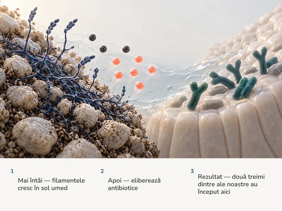 Ilustrație: bacterii ramificate din sol eliberează molecule de antibiotic, șase din nouă în coral, iar de-a lungul cadrului bastonașe bifurcate de Bifidobacterium stau pe mucoasa intestinală