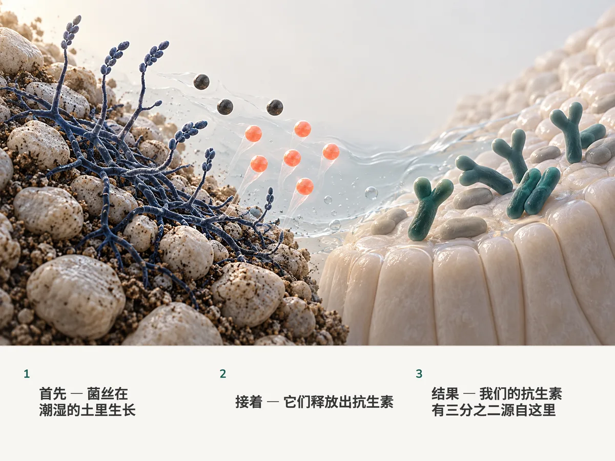 插画：分枝的土壤细菌释放出抗生素分子，九个里有六个是珊瑚色；画面另一侧，分叉的双歧杆菌歇在肠道黏膜上