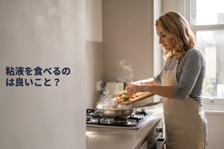 粘液を食べるのは良いこと？ — 40代の女性が朝のキッチンで刻んだ野菜をフライパンに入れている