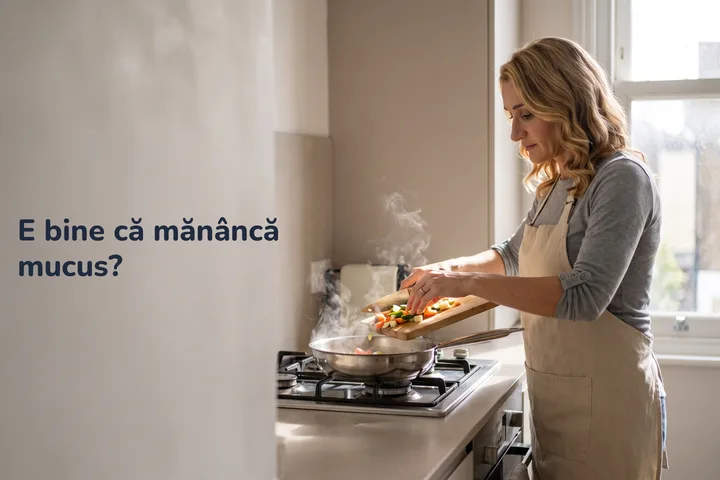 E bine că mănâncă mucus? — o femeie de patruzeci de ani răstoarnă legume tocate într-o tigaie, dimineața