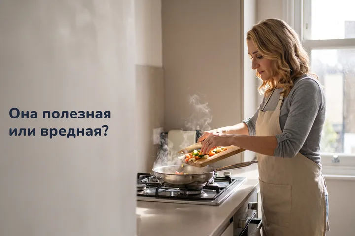 Она полезная или вредная? — женщина за сорок высыпает нарезанные овощи в сковороду на утренней кухне