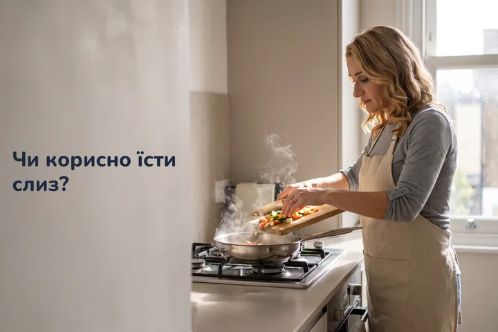 Чи корисно їсти слиз? — жінка за сорок висипає нарізані овочі на сковороду у своїй ранковій кухні