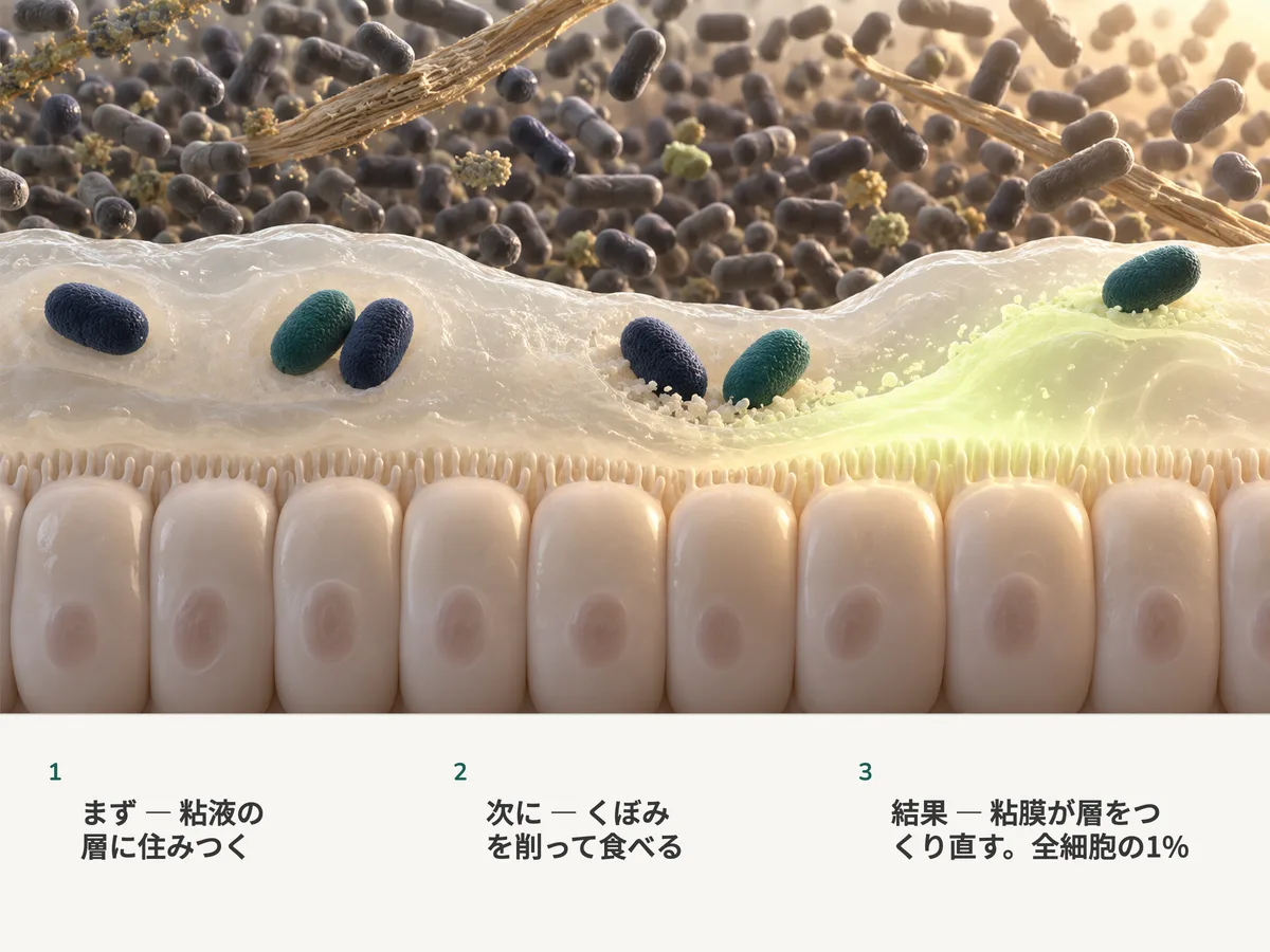 イラスト：卵形のAkkermansia細胞が腸の粘液層に住みつき、浅いくぼみを削り取る一方、その下の粘膜が新しい粘液を押し上げて層を厚くしている