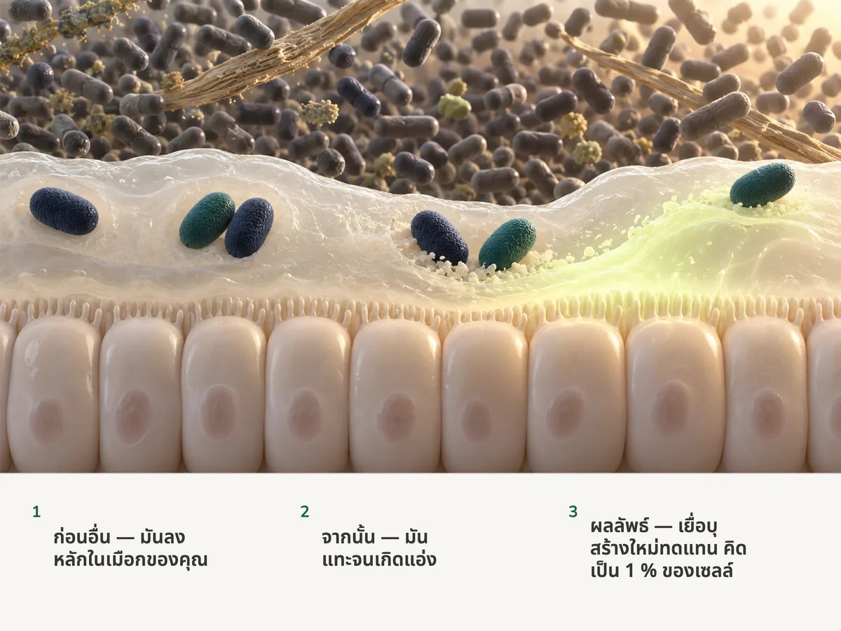 ภาพประกอบ: เซลล์ Akkermansia ทรงรีลงหลักในชั้นเมือกของลำไส้และแทะจนเกิดแอ่งตื้น ๆ แล้วเยื่อบุด้านล่างก็ดันเมือกใหม่ขึ้นมาจนชั้นเมือกหนาขึ้น