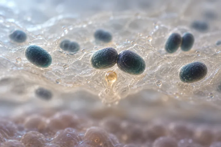 Illustration: oval Akkermansia cells resting in pairs in a clear mucus gel, a gold bead of fresh mucus rising under one pair