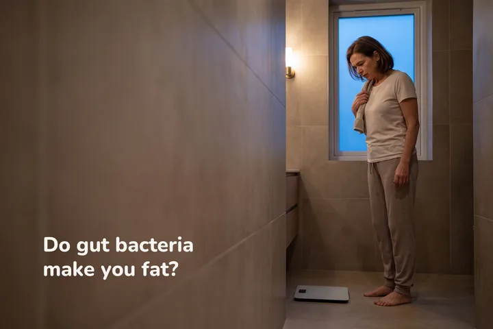Do gut bacteria make you fat? — a woman in her fifties stands beside the bathroom scale at dusk, unimpressed