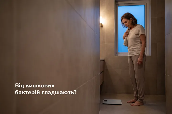 Від кишкових бактерій гладшають? — жінка за п'ятдесят стоїть надвечір біля ваги у ванній, без захвату